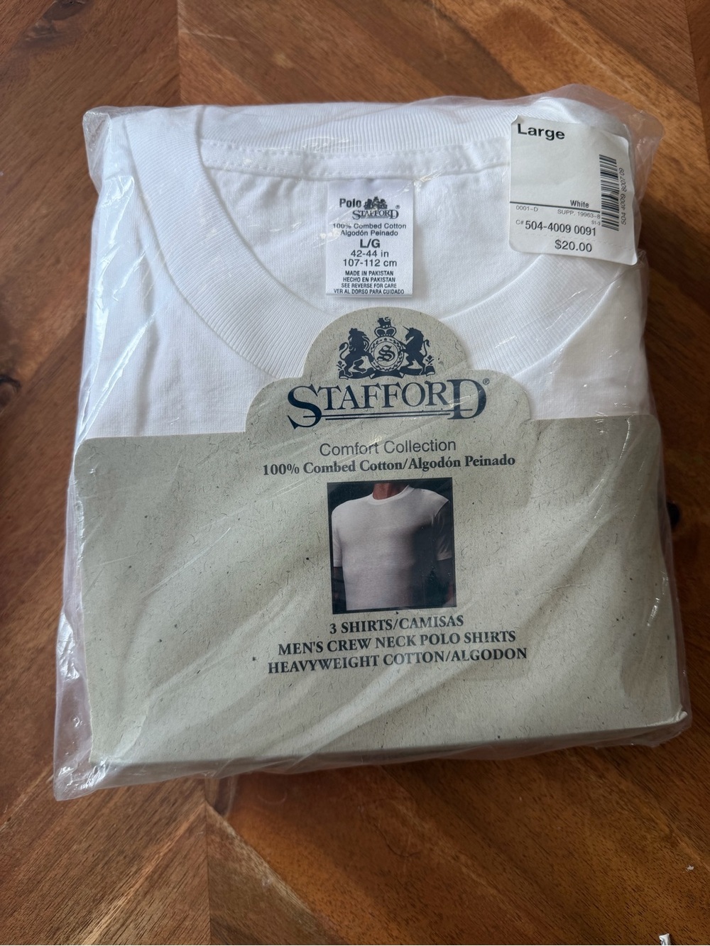 Vintage Men’s Polo T-Shirts Deadstock Stafford 3-Pack L White 100% Combed Cotton